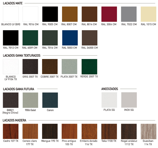 colores, acabados, aluminio, barcelona, lacado, ral, anodizado, lacado madera, imitacion madera madera psp, bicolor, texturados, mates, brillo